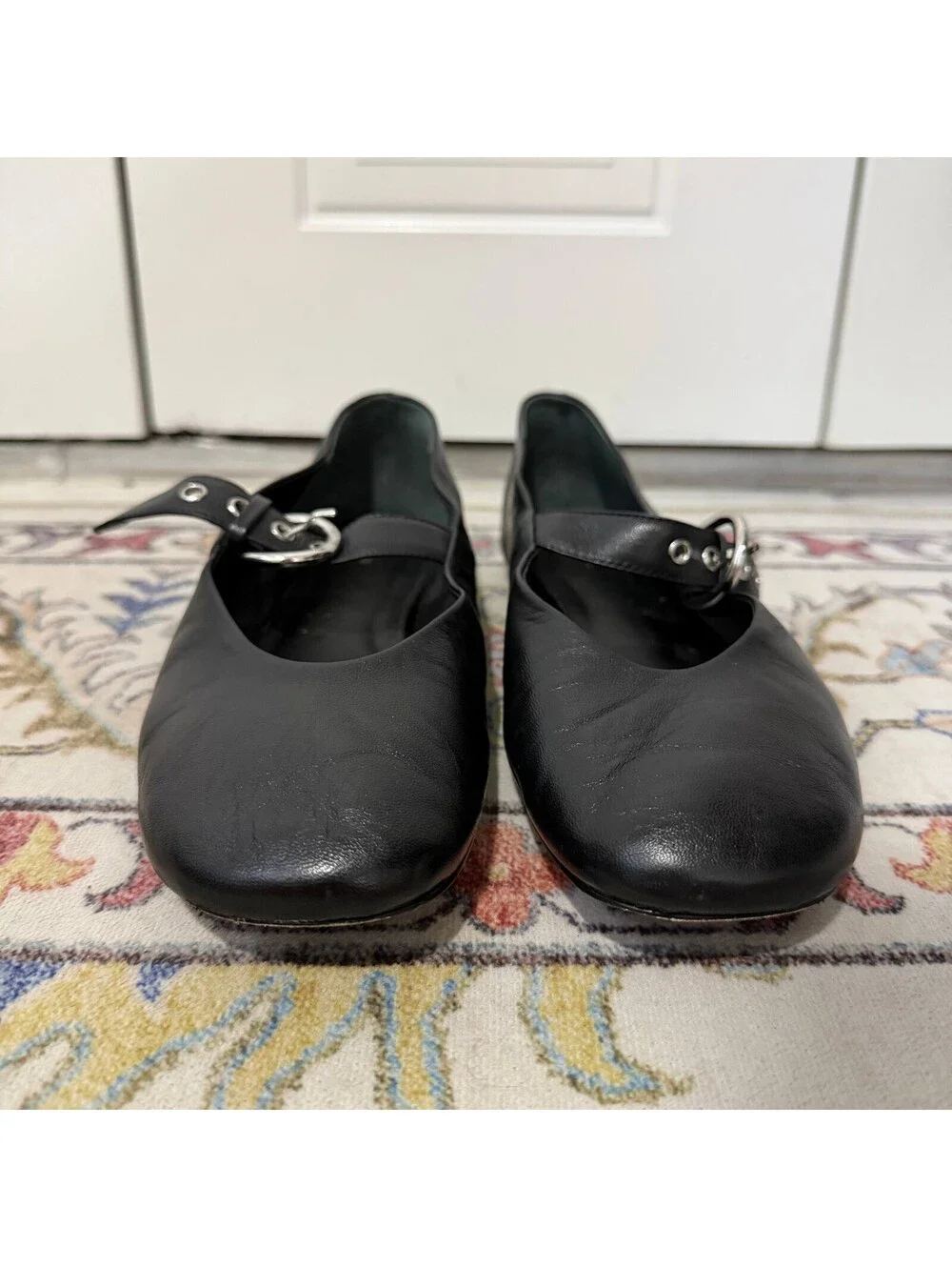 Reformation 9.5 Black Leather Mary Jane Ballet Flats Silver Buckle Shoes